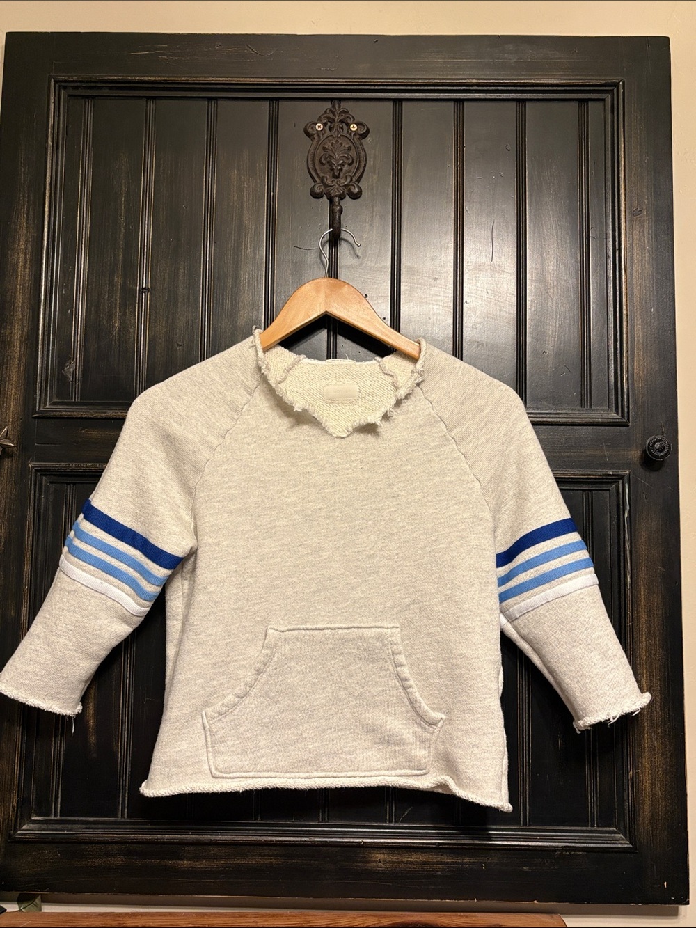 MOTHER Cream Sweatshirt with Blue Stripe Sleeves